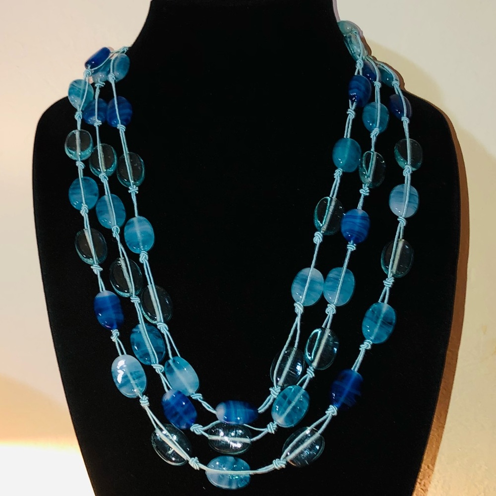 Blue Banded Agate Art Glass 3 Multi Strand Long Necklace Vintage Mid Century MOD